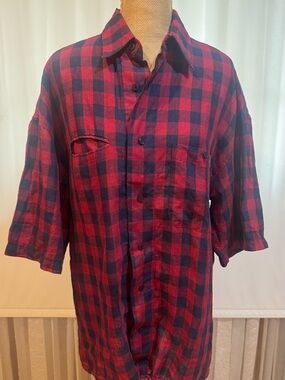 CORPUS Express Red and Navy Checked Short-Sleeve Button-Up Shirt, unisex, L